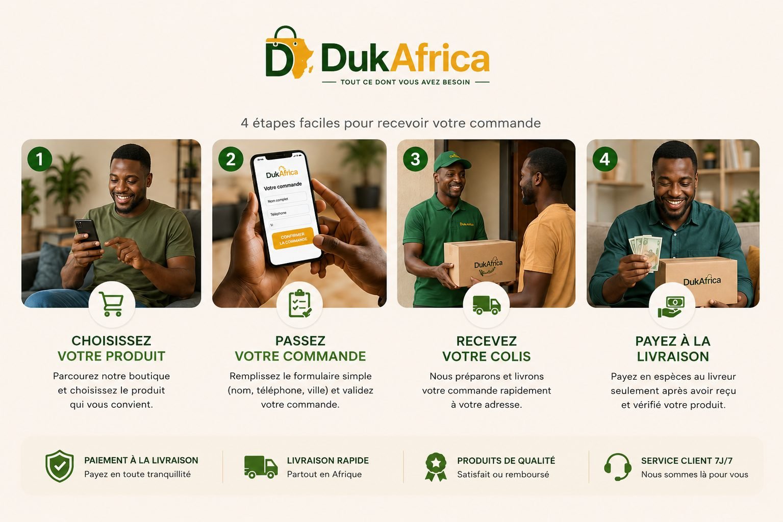 4 étapes faciles pour recevoir votre commande : choisissez votre produit, passez votre commande, recevez votre colis, payez à la livraison.